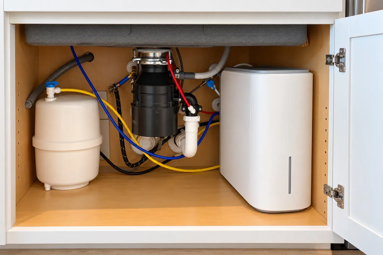 Under-sink reverse osmosis system and storage tank installed in a kitchen sink cabinet