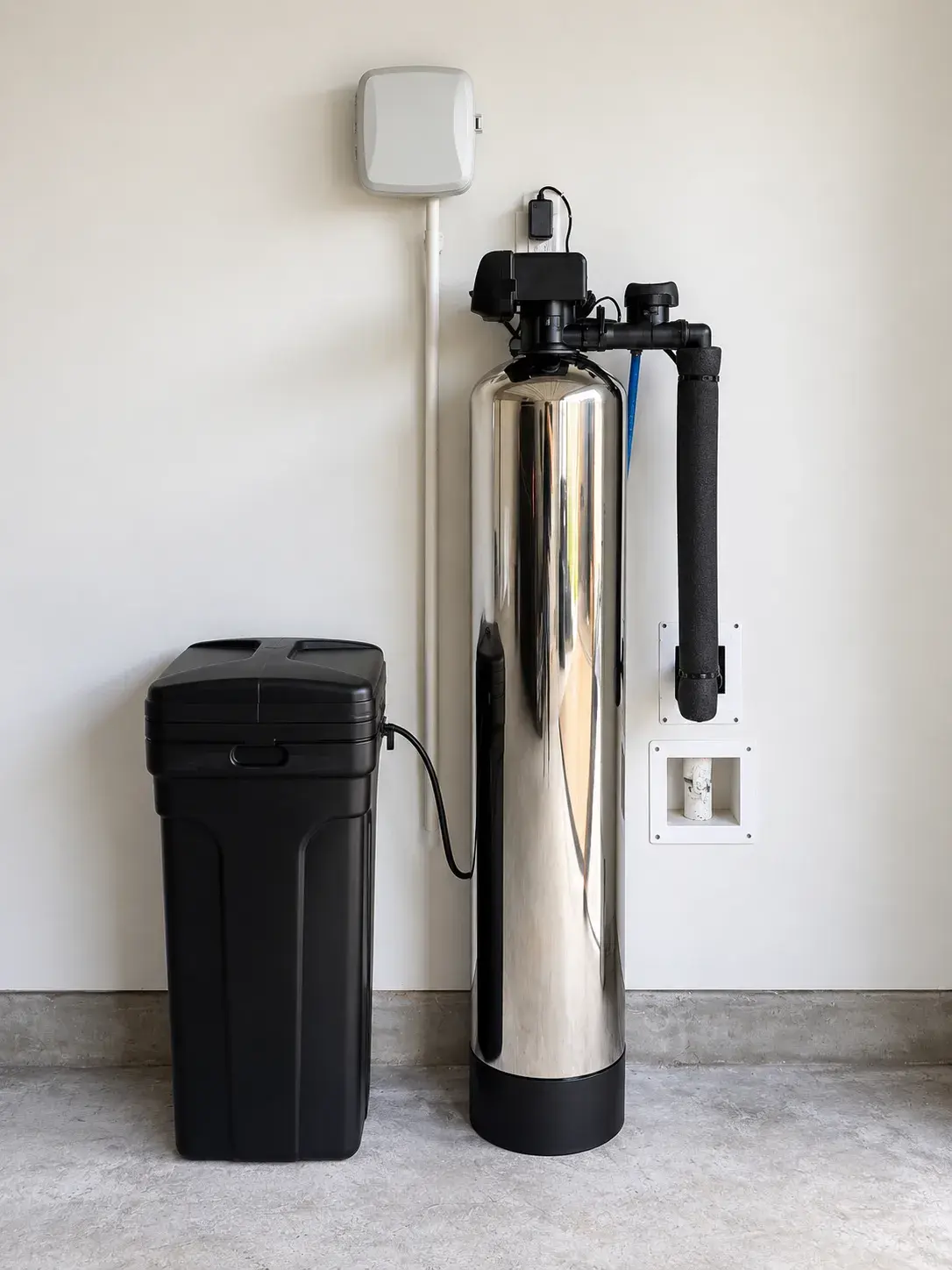 Stainless steel water softener tank next to a black brine tank in a garage