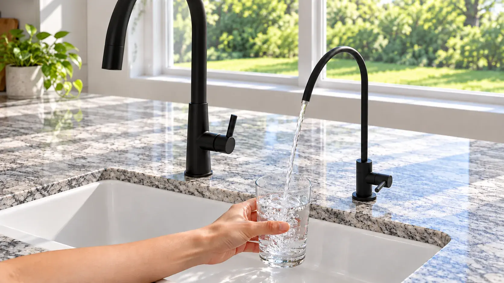 Filling a glass with filtered drinking water from a dedicated kitchen faucet