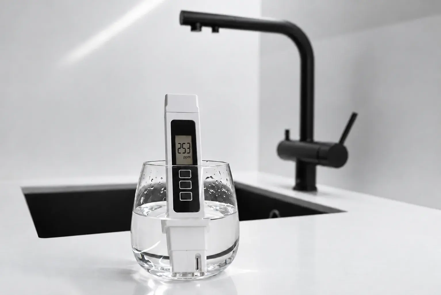 Digital TDS meter testing a glass of tap water on a white kitchen counter